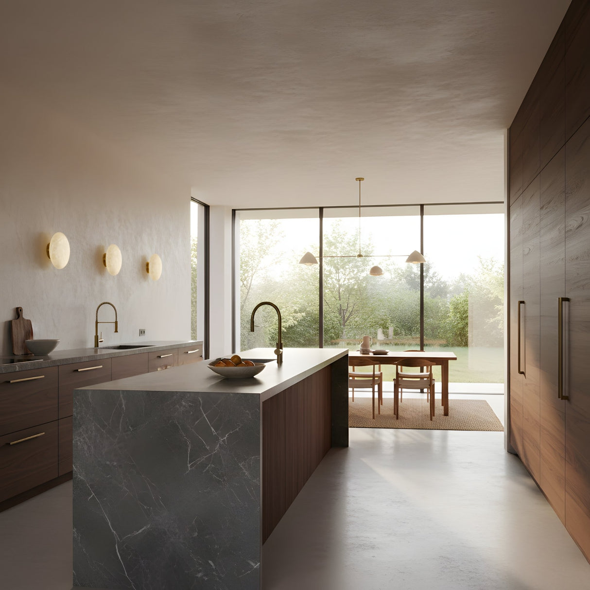 Modern kitchen with a dark marble island, wooden cabinets, and gold fixtures. Large windows fill the space with light, while a Solenne LED Small Halo Alabaster Wall Light in Soft White & Brass adds a stylish accent near the dining table.