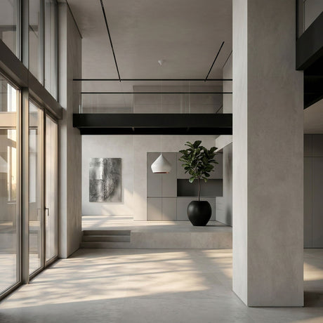 A modern minimalist interior features large windows, gray walls, a glossy floor, a black potted plant, abstract wall art, and the Funk Stout Small Pendant Light in white. Sunlight pours in above the glass balcony for a bright, airy feel.