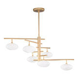 Dolce 6 Light Glass Chandelier with a matt gold metal frame and six oval white blown glass discs on staggered arms, shown against a plain white background.