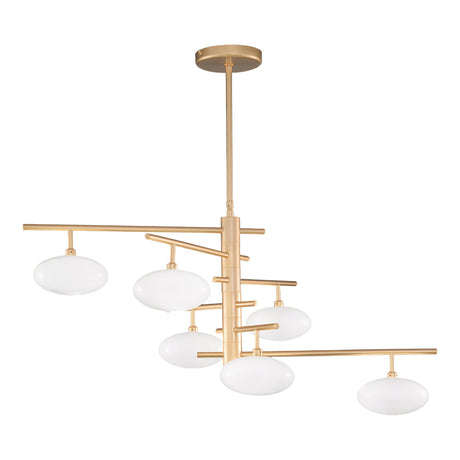 Dolce 6 Light Glass Chandelier with a matt gold metal frame and six oval white blown glass discs on staggered arms, shown against a plain white background.