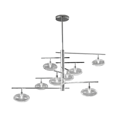 Dolce 8 Light Glass Chandelier with clear disc-shaped glass shades on a chrome staggered metal frame, shown on a plain white background.