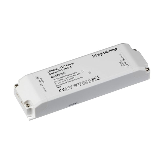 A white rectangular 40W 700mA Constant Current LED Driver with various symbols and text on its surface, showcasing the model number and electrical specifications. Designed for use with trailing edge dimmers, it features screw terminals at both ends and supports dimmable applications.