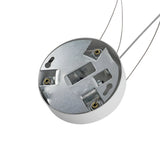 A close-up view of the Brilliance 1 Light Glass Pendant - White, 42cm shows its sleek white glass and metallic finish. The fixture features visible wires, two mounting holes, and screw connections designed for secure ceiling installation.