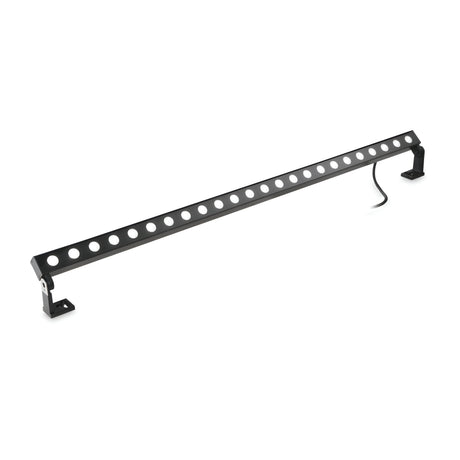 A long, grey Alfaisis LED Outdoor Landscape Ground Light with 18W power and a length of 100cm features evenly spaced circular cutouts and is mounted on two angled brackets. A power cord extends from the right side of the device. With an IP65 rating, this light bar is designed for stage or accent lighting and is suitable for outdoor use.