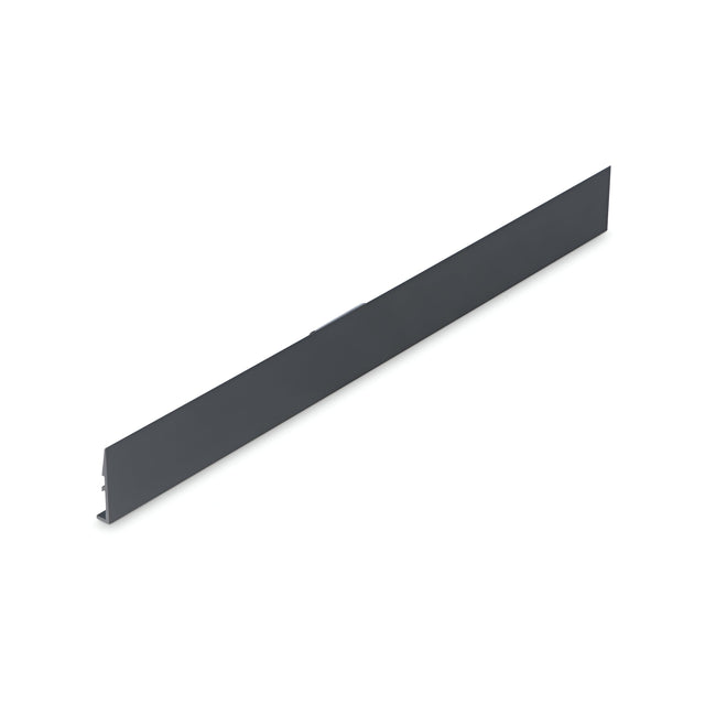 A sleek, modern Alfaisis Track Cover 50cm, in black metal with a long and narrow form, is positioned diagonally against a plain white background. The cover boasts a uniform color with clean, straight edges that reflect its meticulous design akin to track lighting.