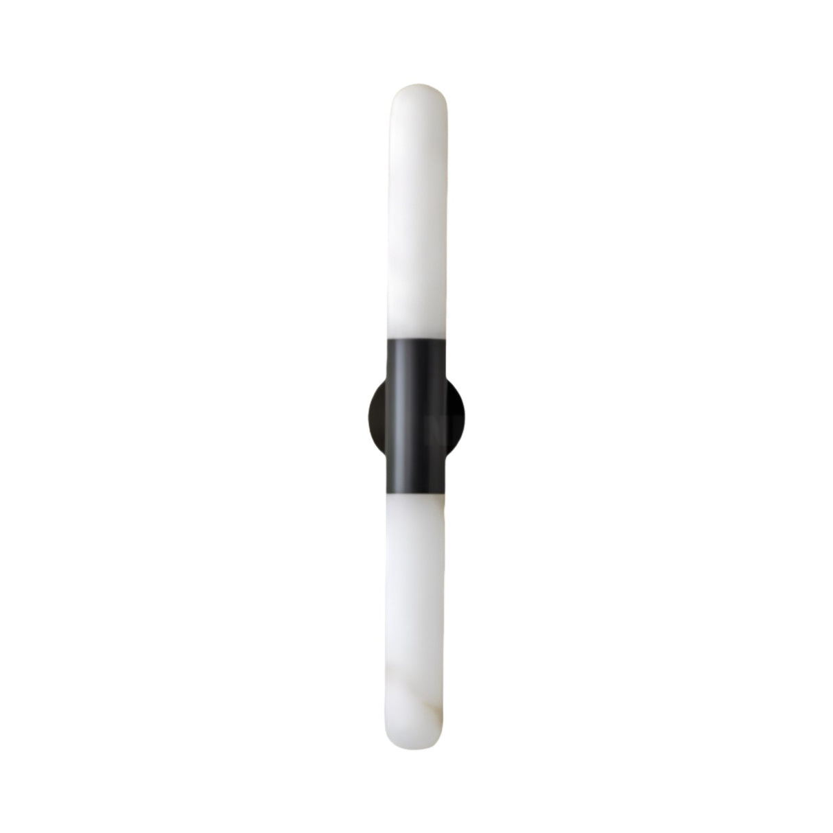 The Averin LED Alabaster Wall Light – Matte Black & Soft White is a sleek, modern fixture with a cylindrical white diffuser and central matte black bracket, ideal for contemporary spaces. Shown on a white background.