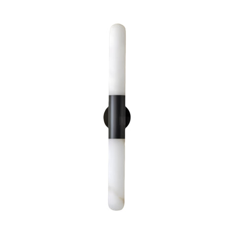 The Averin LED Alabaster Wall Light – Matte Black & Soft White is a sleek, modern fixture with a cylindrical white diffuser and central matte black bracket, ideal for contemporary spaces. Shown on a white background.
