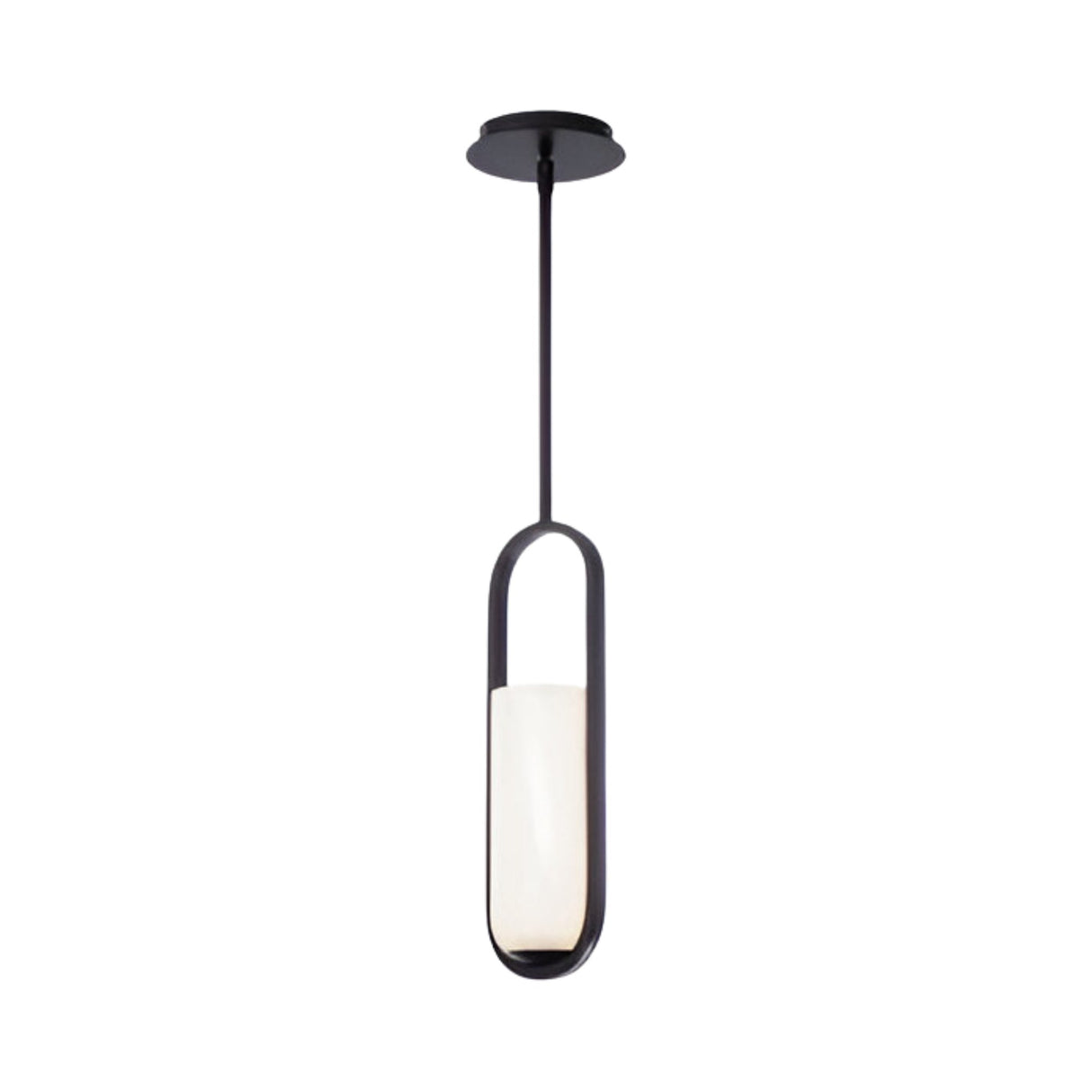 The Eliona 1 Light Capsule Alabaster Single Pendant Light in matte black and soft white hangs from the ceiling with a metal frame, showcasing a cylindrical white shade encased in an oval loop. The background is plain white.