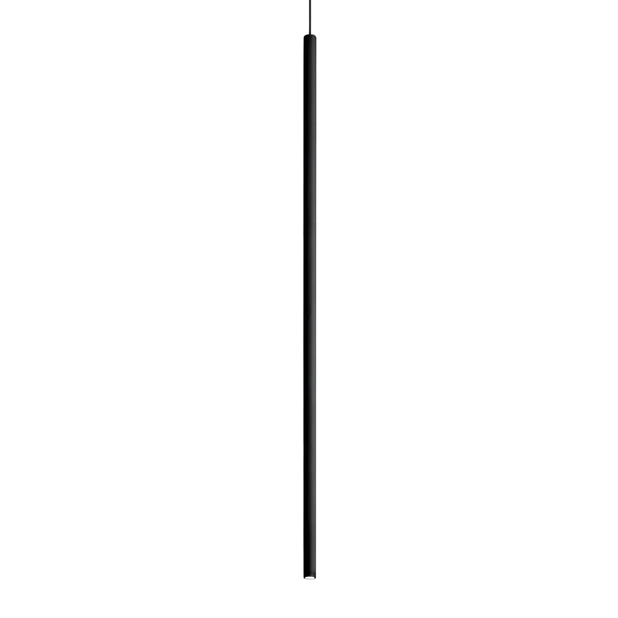 The Celestia Small LED Light Pendant in black boasts a sleek, minimalist design with a thin, cylindrical shape. Ideal for modern interiors, it hangs vertically from a narrow cord against a white background.