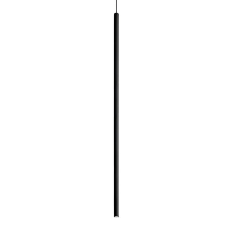 The Celestia Small LED Light Pendant in black boasts a sleek, minimalist design with a thin, cylindrical shape. Ideal for modern interiors, it hangs vertically from a narrow cord against a white background.