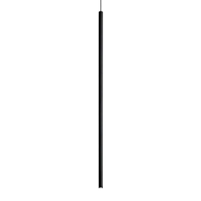 The Celestia Small LED Light Pendant in black boasts a sleek, minimalist design with a thin, cylindrical shape. Ideal for modern interiors, it hangs vertically from a narrow cord against a white background.