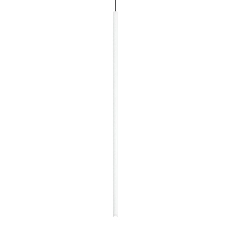 The Celestia Small LED Light Pendant showcases a minimalist cylindrical design with energy-efficient LED technology, finished in elegant white and suspended vertically by a slender black wire against a plain white background.