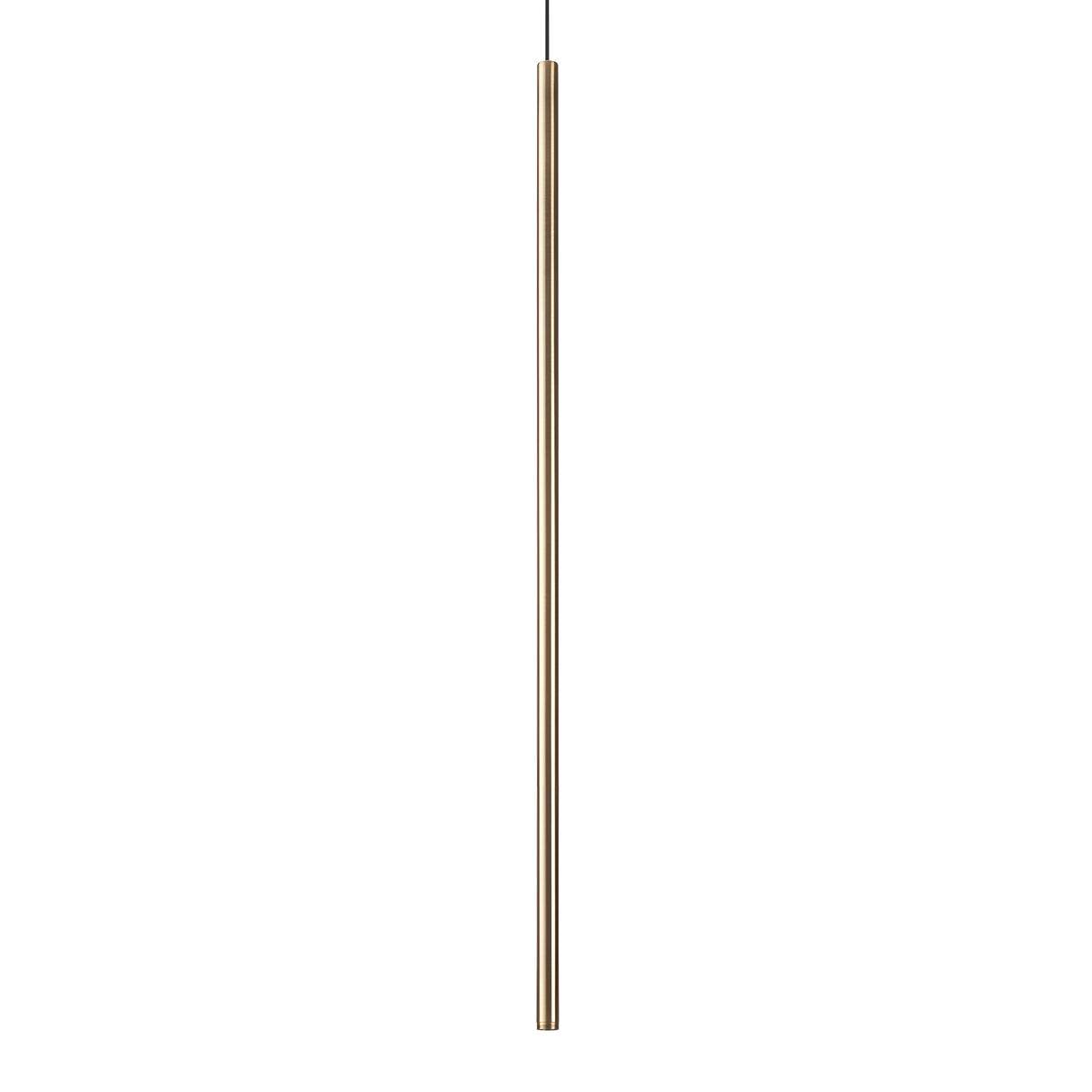 Introducing the Celestia Small LED Light Pendant - Brass: a sleek and modern LED pendant light featuring a long, slender cylindrical shape with a sophisticated brass finish. It is elegantly suspended from a thin black cord, showcasing minimalist design that highlights energy-efficient elegance and simplicity against a white backdrop.