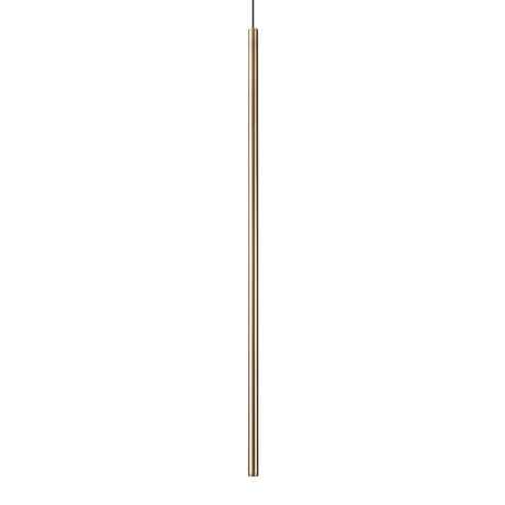 Introducing the Celestia Small LED Light Pendant - Brass: a sleek and modern LED pendant light featuring a long, slender cylindrical shape with a sophisticated brass finish. It is elegantly suspended from a thin black cord, showcasing minimalist design that highlights energy-efficient elegance and simplicity against a white backdrop.