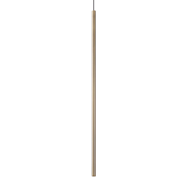 Introducing the Celestia Small LED Light Pendant - Brass: a sleek and modern LED pendant light featuring a long, slender cylindrical shape with a sophisticated brass finish. It is elegantly suspended from a thin black cord, showcasing minimalist design that highlights energy-efficient elegance and simplicity against a white backdrop.