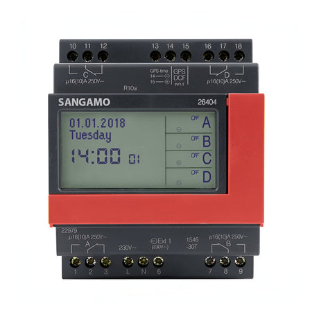 The DIN Rail 4 Module 4 Channel 7 Day Time Switch is an electronic time switch equipped with a digital display for date, day, and time. It features multiple labeled buttons and switches to facilitate easy programming and control of electrical devices. This module includes a sturdy 16A changeover contact for dependable performance.