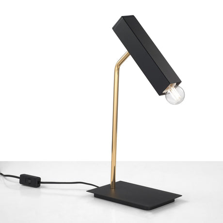 Raster 1 Light Cylinder Table Lamp with matte black rectangular shade and angled brass stem on a black rectangular base, E27 bulb exposed, shown on a plain white background.