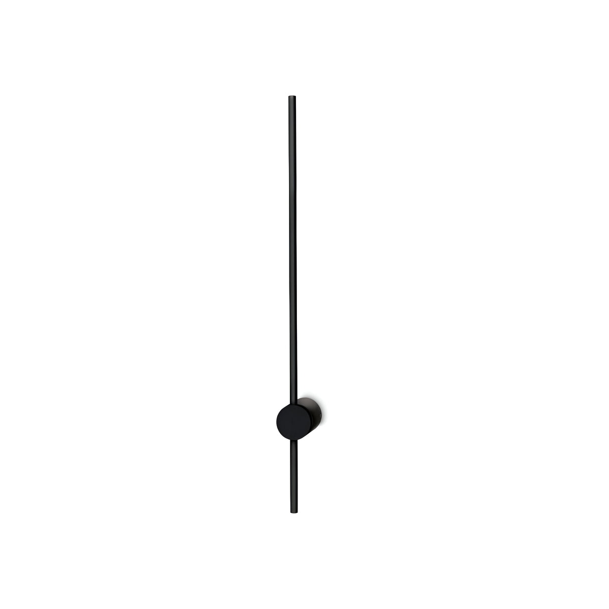 The contemporary black wall clock boasts a minimalist design with two slim hands and a smooth black finish, omitting a traditional face. The compact, circular hub vertically aligns the hands, highlighting simplicity and modern elegance similar to the chic style of the Lumara LED Bar Wall Light 12.5W 3000K - Black.