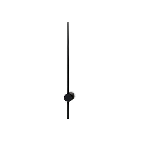 The contemporary black wall clock boasts a minimalist design with two slim hands and a smooth black finish, omitting a traditional face. The compact, circular hub vertically aligns the hands, highlighting simplicity and modern elegance similar to the chic style of the Lumara LED Bar Wall Light 12.5W 3000K - Black.