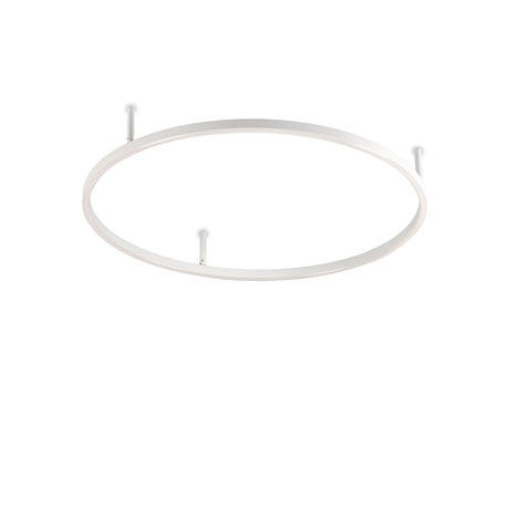 The Arcena Round LED Ceiling Light - White, 70cm features a sleek and minimalistic design combined with energy efficiency, elegantly installed on a white ceiling. This contemporary fixture radiates sophistication through its thin profile and clean appearance, supported by three evenly spaced mounts.