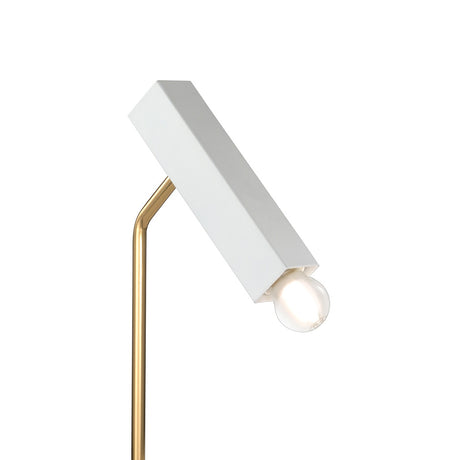 Raster 1 Light Cylinder Table Lamp with an angled white cuboid metal shade on a slim gold rod stand, exposed E27 bulb visible beneath the shade, shown on a plain white background.