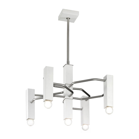 Raster 5 Light Cylinder Chandelier with white painted metal cylinder shades and chrome tubular arms on a central rod, shown against a plain white background.