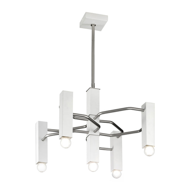 Raster 5 Light Cylinder Chandelier with white painted metal cylinder shades and chrome tubular arms on a central rod, shown against a plain white background.