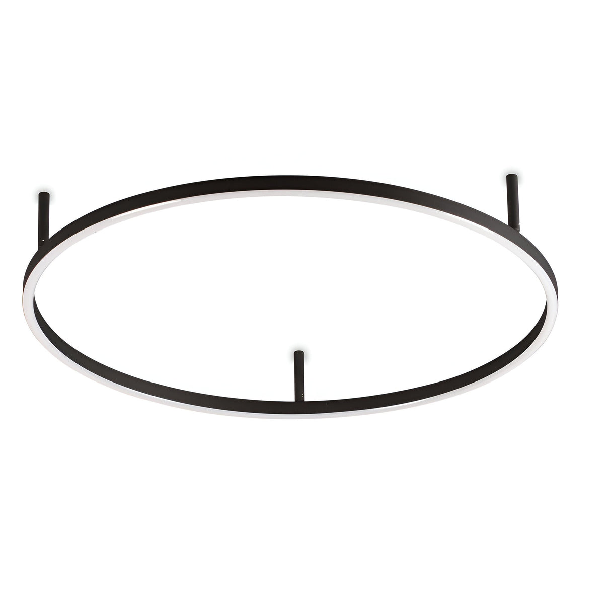 The Arcena Round LED Ceiling Light - Black, 70cm features a sleek, modern design with a thin black rim and a white interior. It is elegantly suspended by three short black rods, providing an energy-efficient glow that enhances any contemporary setting.