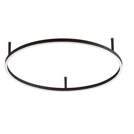 The Arcena Round LED Ceiling Light - Black, 70cm features a sleek, modern design with a thin black rim and a white interior. It is elegantly suspended by three short black rods, providing an energy-efficient glow that enhances any contemporary setting.