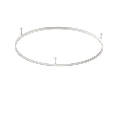 The Arcena Round LED Ceiling Light - White, 90cm features a circular white metal frame with four small hooks, embodying a sleek contemporary fixture design.