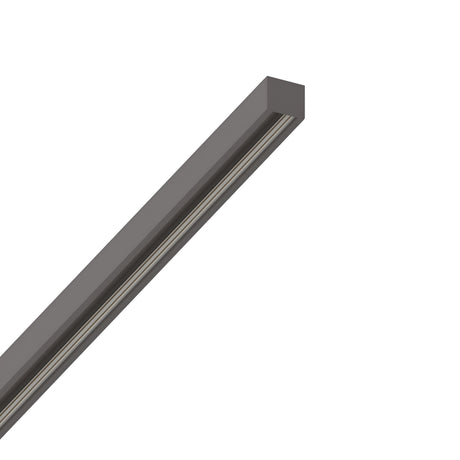 A sleek, contemporary track lighting rail with a dark gray finish is shown diagonally against a white background. The Luxeon Slim Magnetic Surface-Mounted Track 2m - Black features a clean, minimalist design made from durable aluminum for versatile lighting, making it ideal for modern interiors.