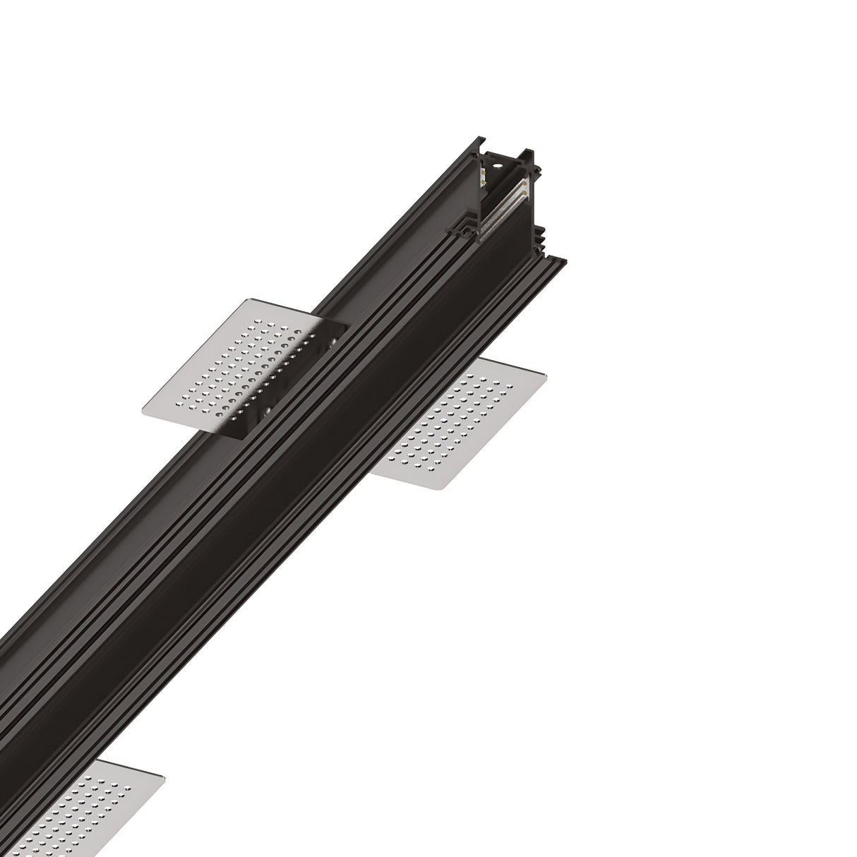 The Luxeon-1 Recessed Magnetic Track 2m - Black features a rectangular metal bracket with an aluminium body and perforated tabs extending outwards. Its architectural design indicates suitability for recessed installation or support functions, with the image offering a detailed view of its components.