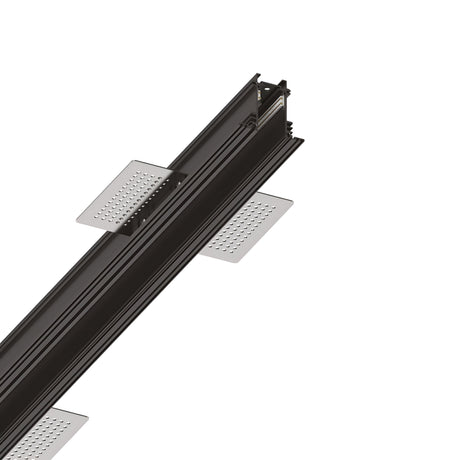 The Luxeon-1 Recessed Magnetic Track 2m - Black features a rectangular metal bracket with an aluminium body and perforated tabs extending outwards. Its architectural design indicates suitability for recessed installation or support functions, with the image offering a detailed view of its components.