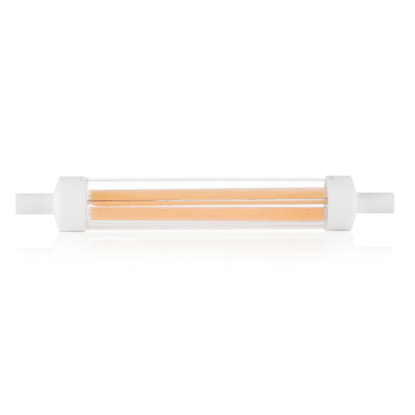 This 8W R7s Dimmable COB LED Bulb - 4000K features a sleek cylindrical glass tube with an orange inner lining and white caps on both ends, positioned horizontally against a plain white background to highlight its modern design and energy efficiency.