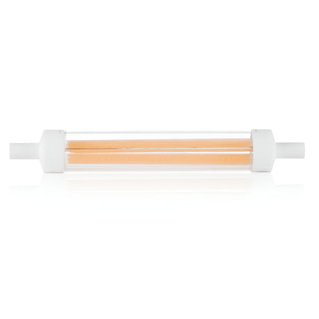 A transparent glass tube with white end caps encloses an orange fluid reminiscent of the warm glow emitted by an 8W R7s Dimmable COB LED Bulb - 3000K. Positioned horizontally against a plain white background, it emanates an aura of energy efficiency.