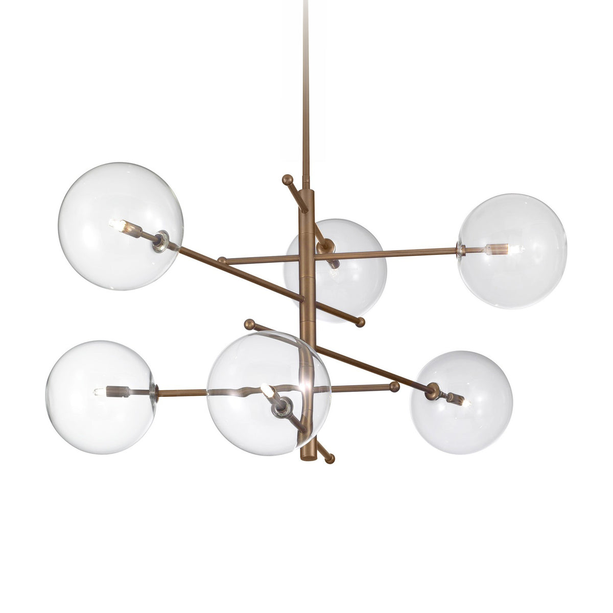 Estro 6 Light Globe Glass Chandelier with six clear glass bubble shades on angled bronze-finish metal arms and a central rod, shown against a plain white background.