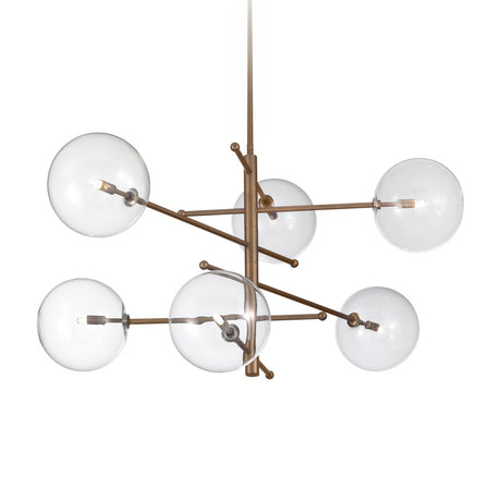 Estro 6 Light Globe Glass Chandelier with six clear glass bubble shades on angled bronze-finish metal arms and a central rod, shown against a plain white background.