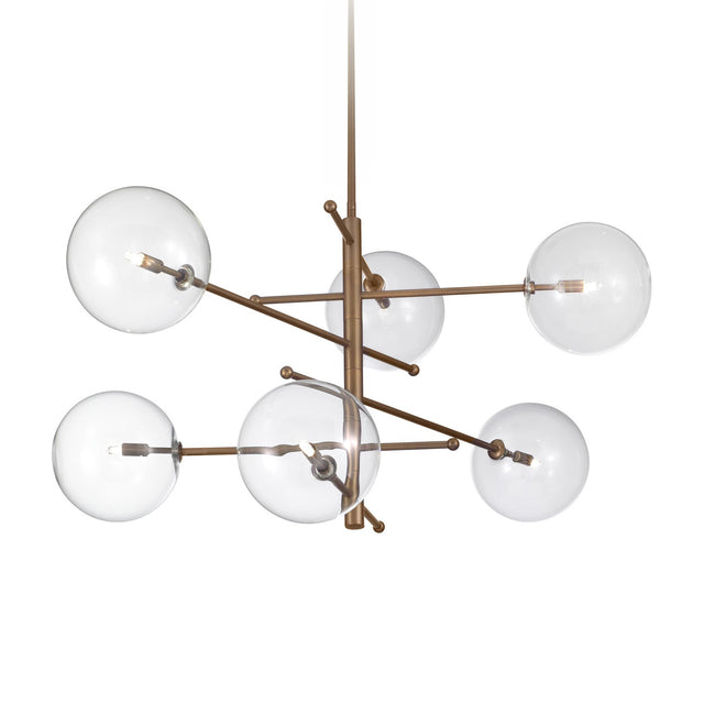 Estro 6 Light Globe Glass Chandelier with six clear glass bubble shades on angled bronze-finish metal arms and a central rod, shown against a plain white background.