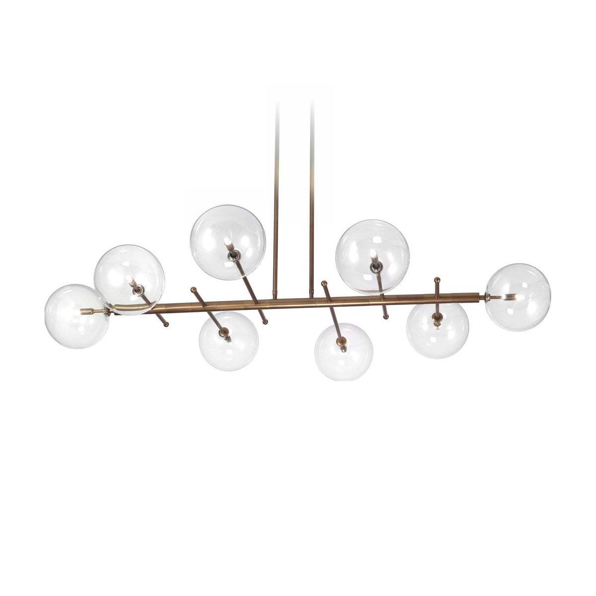 Estro 8 Light Globe Glass Chandelier 160cm, a linear bronze-finish fitting with eight clear glass globes on branching arms, shown on a plain white background.