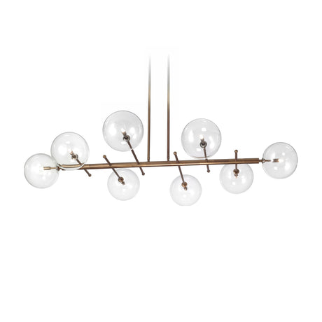 Estro 8 Light Globe Glass Chandelier 160cm, a linear bronze-finish fitting with eight clear glass globes on branching arms, shown on a plain white background.