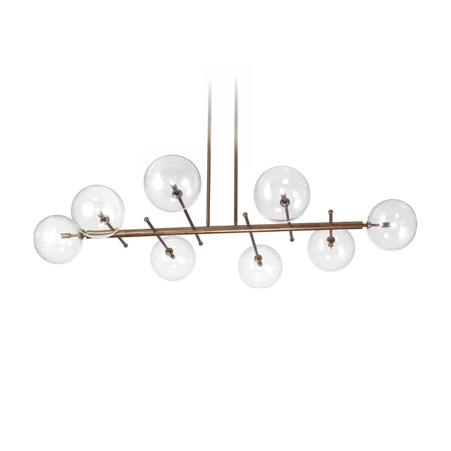 Estro 8 Light Globe Glass Chandelier 160cm, a linear bronze-finish fitting with eight clear glass globes on branching arms, shown on a plain white background.
