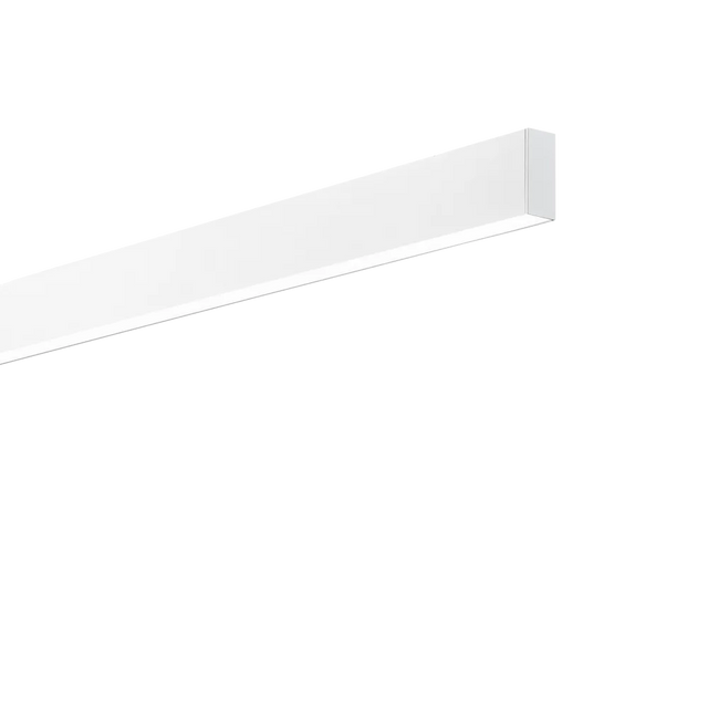 The Ignitia-1 LED Suspension Light 36W 3000K - White elegantly adorns the ceiling with its modern design. Its minimalist, angular form is highlighted by a series of small, evenly spaced LEDs on the underside, emitting a warm color temperature that adds to its stylish appeal.