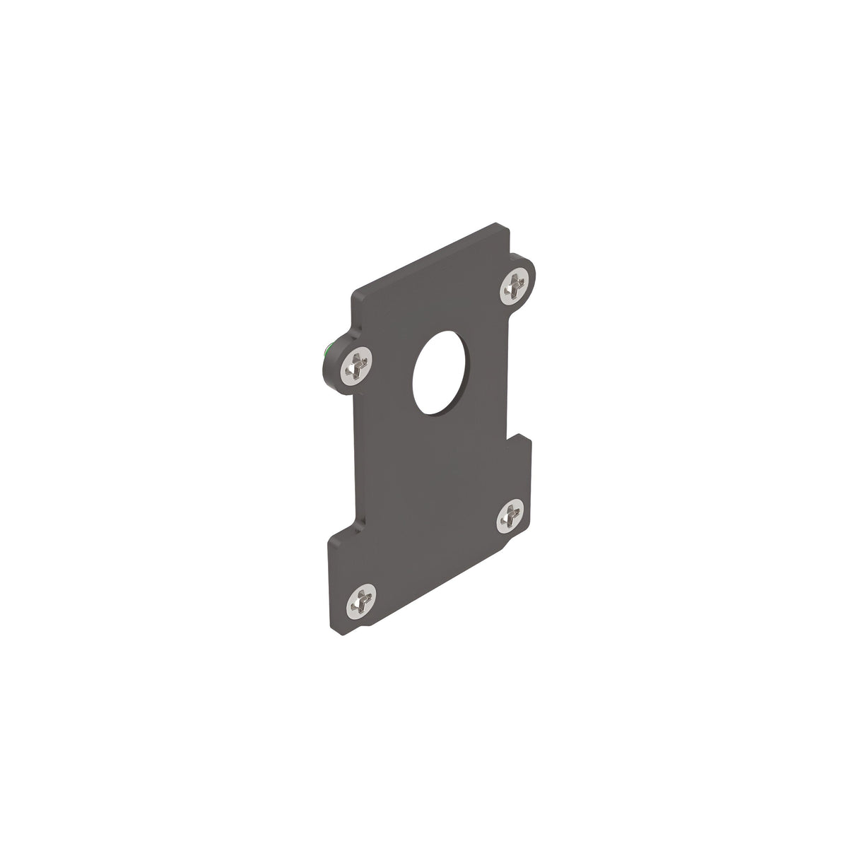 The Luxeon Recessed End Power Cap Track in black is a rectangular metal mounting bracket with a sleek finish, featuring a central circular hole and four screws at the corners, set against a white background.