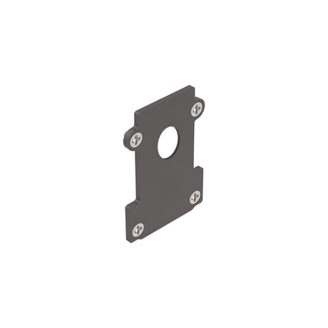 The Luxeon Recessed End Power Cap Track in black is a rectangular metal mounting bracket with a sleek finish, featuring a central circular hole and four screws at the corners, set against a white background.