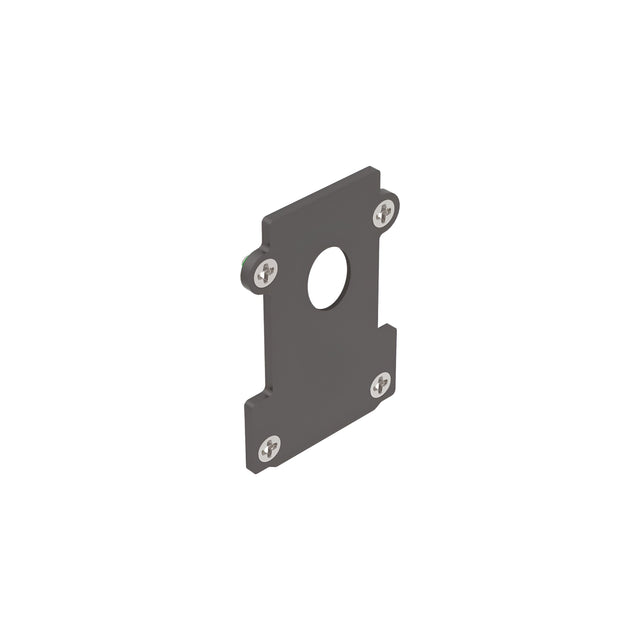 The Luxeon Recessed End Power Cap Track in black is a rectangular metal mounting bracket with a sleek finish, featuring a central circular hole and four screws at the corners, set against a white background.