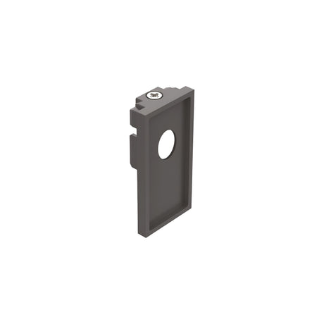 The Luxeon-1 End Power Cap for 3-Phase Track, featuring a gray rectangular design with a circular hole in the center, perfect for lighting installation on Unistrut channels, is displayed against a plain white background.