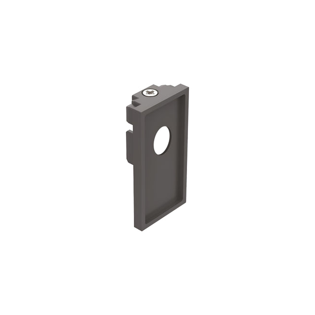The Luxeon-1 End Power Cap for 3-Phase Track, featuring a gray rectangular design with a circular hole in the center, perfect for lighting installation on Unistrut channels, is displayed against a plain white background.