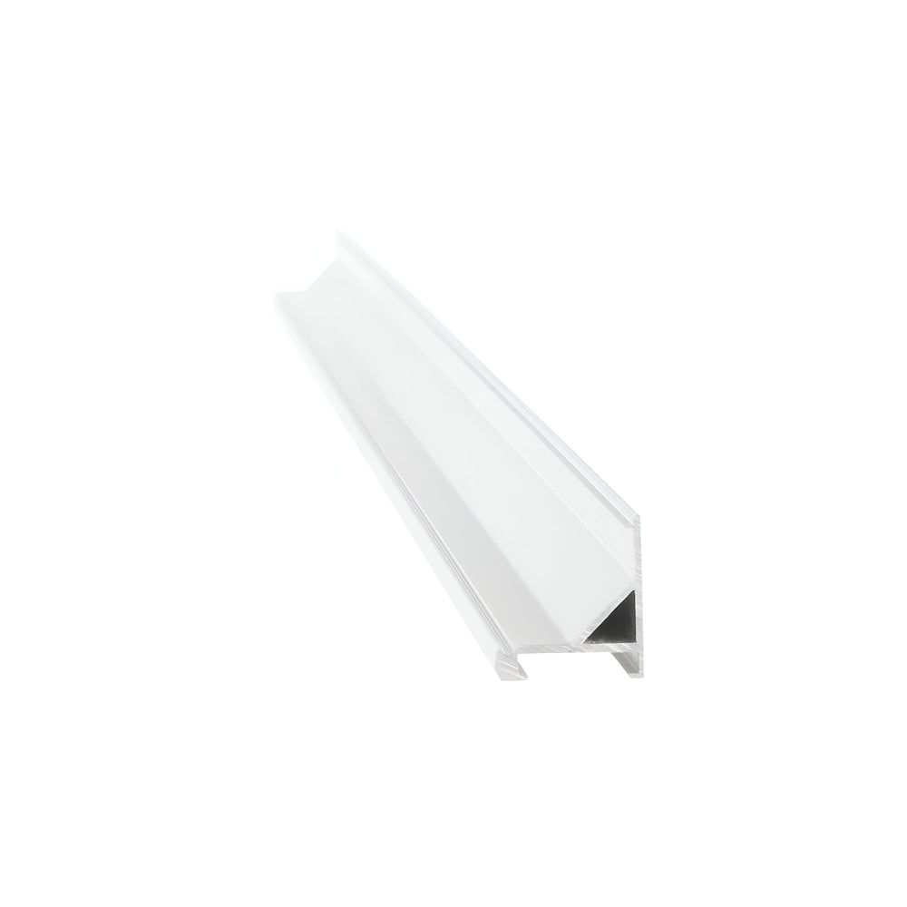 The Arcus LED Round Corner Profile, measuring 2 meters in length and 16x18cm in size, showcases a white angled aluminum design with clean, minimalist aesthetics against a plain white background. Its unique triangular cross-section facilitates seamless integration and creates an ambient glow when combined with LED lighting.
