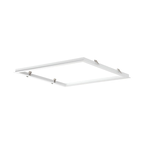 Positioned against a plain white background is a square LED panel light featuring a sleek and modern design, enhanced by its white frame. This panel, specifically designed for use with the Omera Recessed Frame For Downlight - White, includes mounting clips on each side for easy installation in downlight setups.