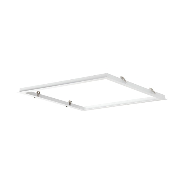 Positioned against a plain white background is a square LED panel light featuring a sleek and modern design, enhanced by its white frame. This panel, specifically designed for use with the Omera Recessed Frame For Downlight - White, includes mounting clips on each side for easy installation in downlight setups.